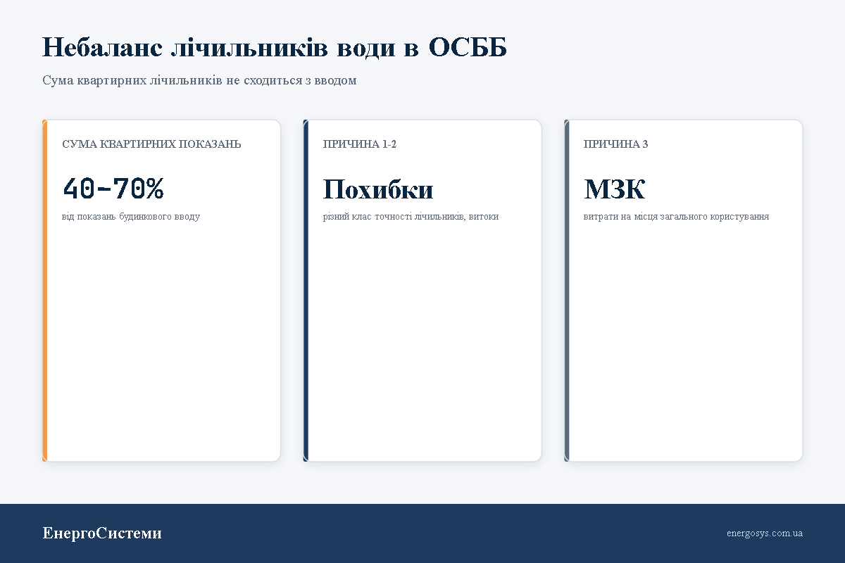 Небаланс лічильників води в ОСББ: сума квартирних показань 40-70% від вводу і три причини